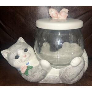 Treasure Craft Ceramic Vintage Cat Treat Fish Bowl Cookie Jar Lid Glass Bowl 3pc